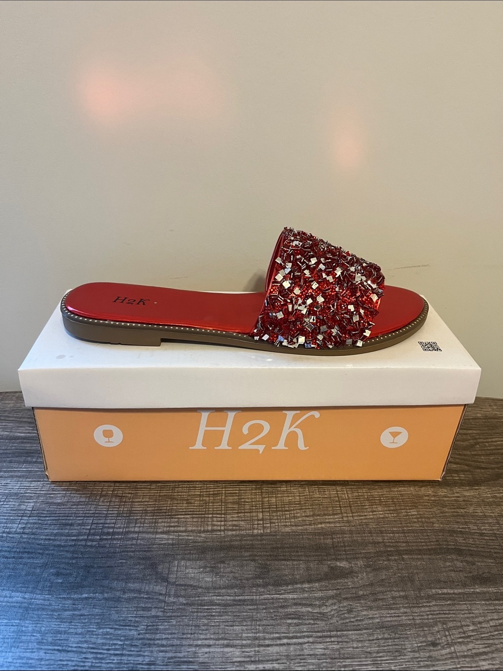 H2K Dream Red Embellished Slide Sandals Crystal Beaded Slip-On Sizes 7-11 NIB